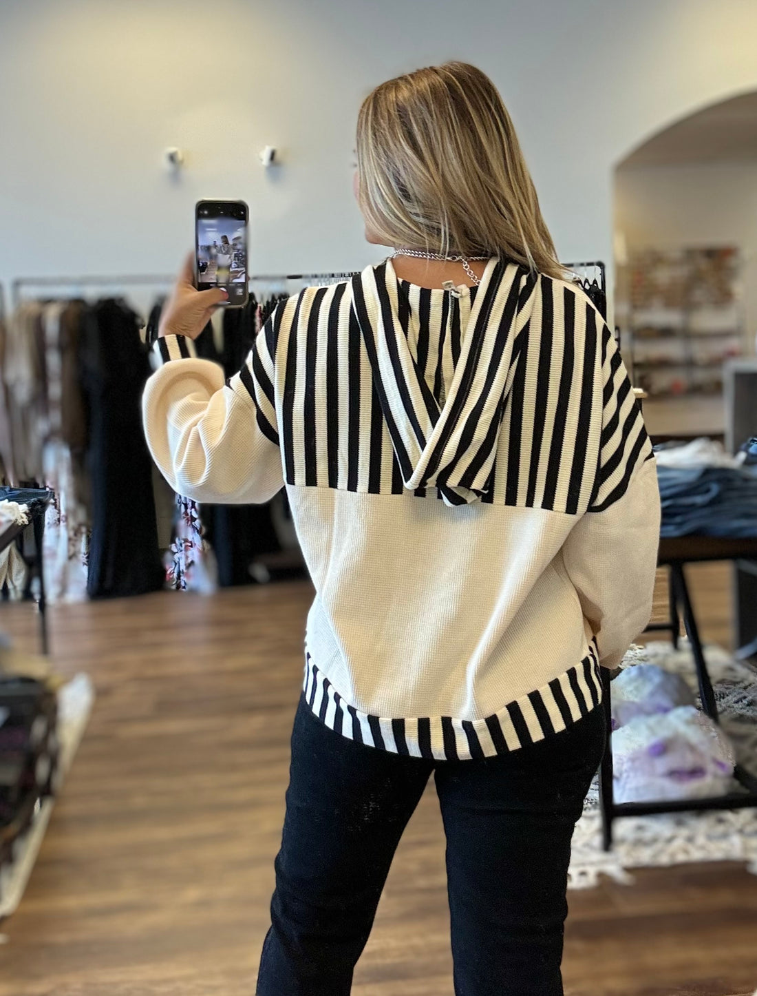 Megan - Solid and Stripe Mixed Hoodie