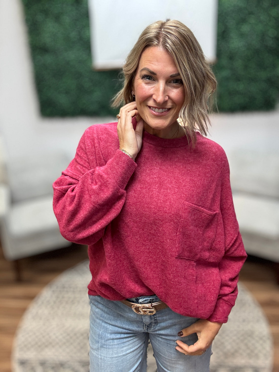 Brushed Melange Drop Shoulder Oversized Top - Cabernet