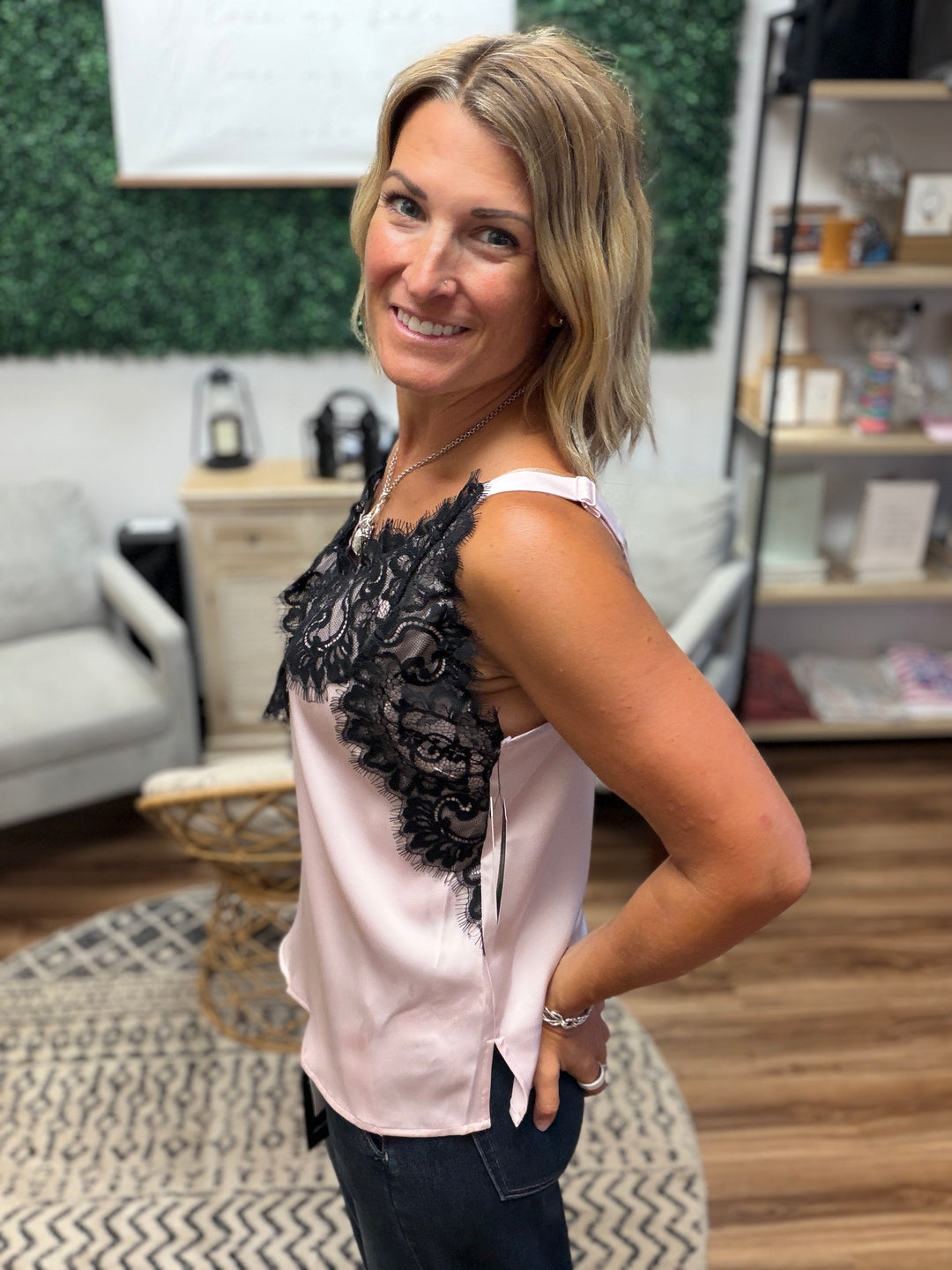 Liverpool - Sleeveless Woven Top with Lace - Blush