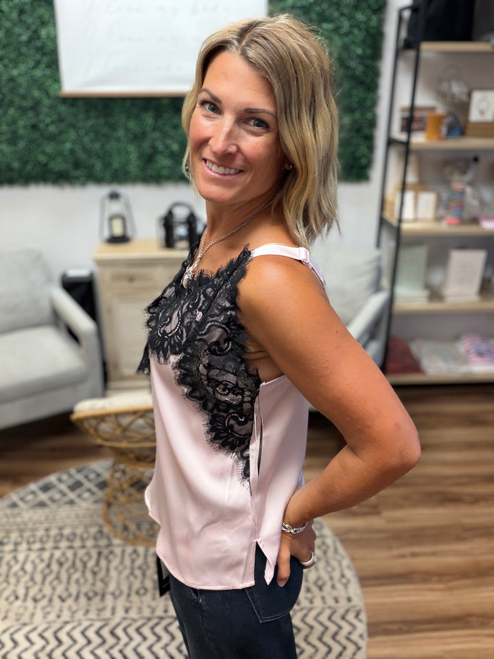 Liverpool - Sleeveless Woven Top with Lace - Blush
