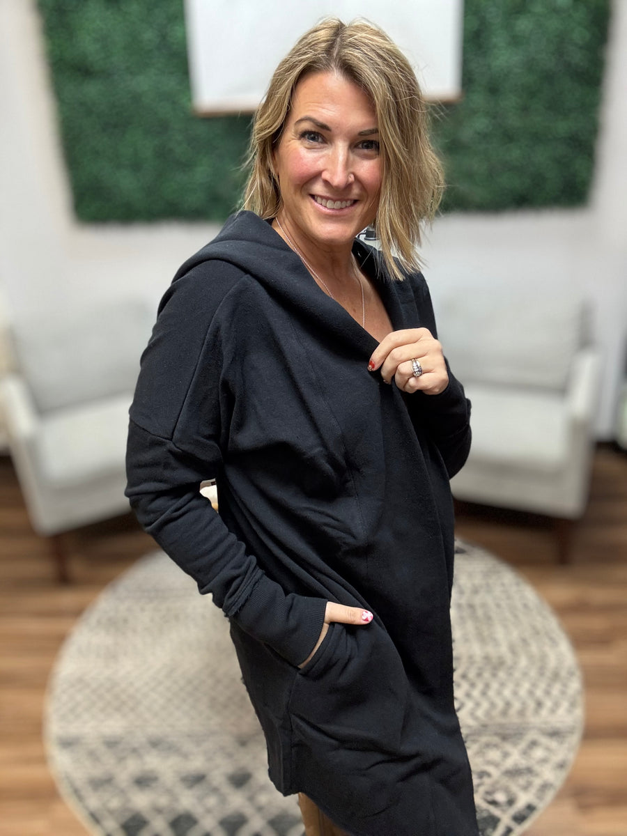 Open Front Longline Cardigan with Hoodie - Black
