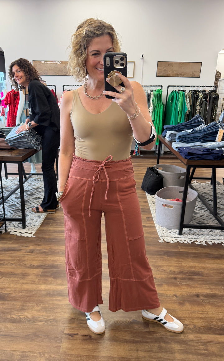 Washed Terry Wide Leg Pants - Rust
