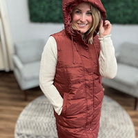 Long Puffer Vest with Hood - Terracota