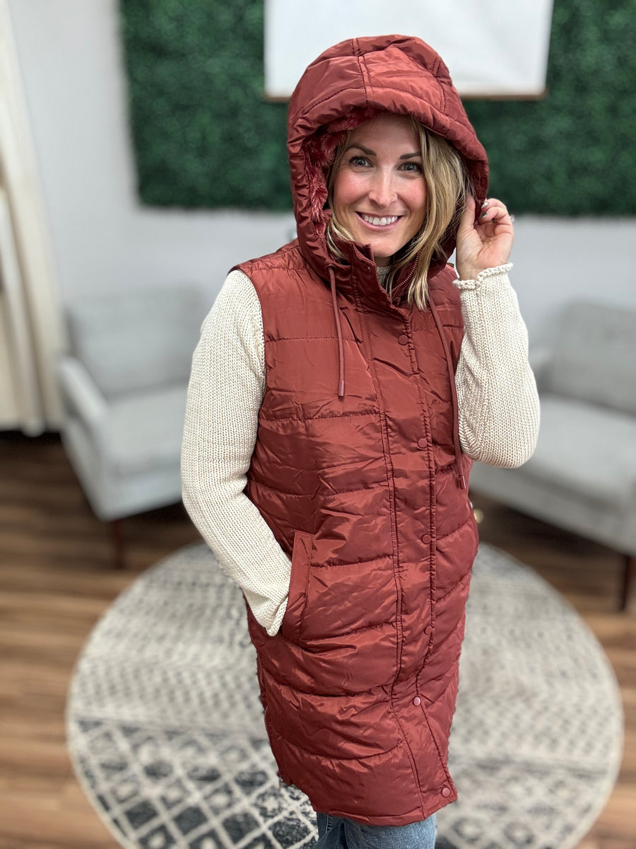 Long Puffer Vest with Hood - Terracota