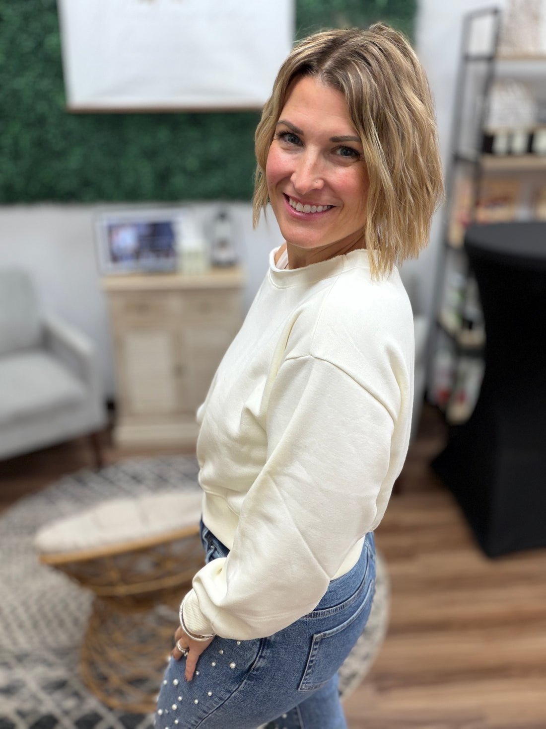 Fleece Off-Shoulder Pullover - Cream