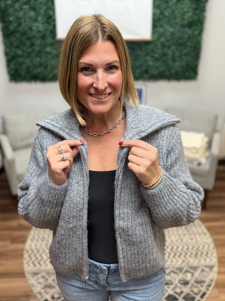 High Neck Full Zip Sweater - Heather Grey