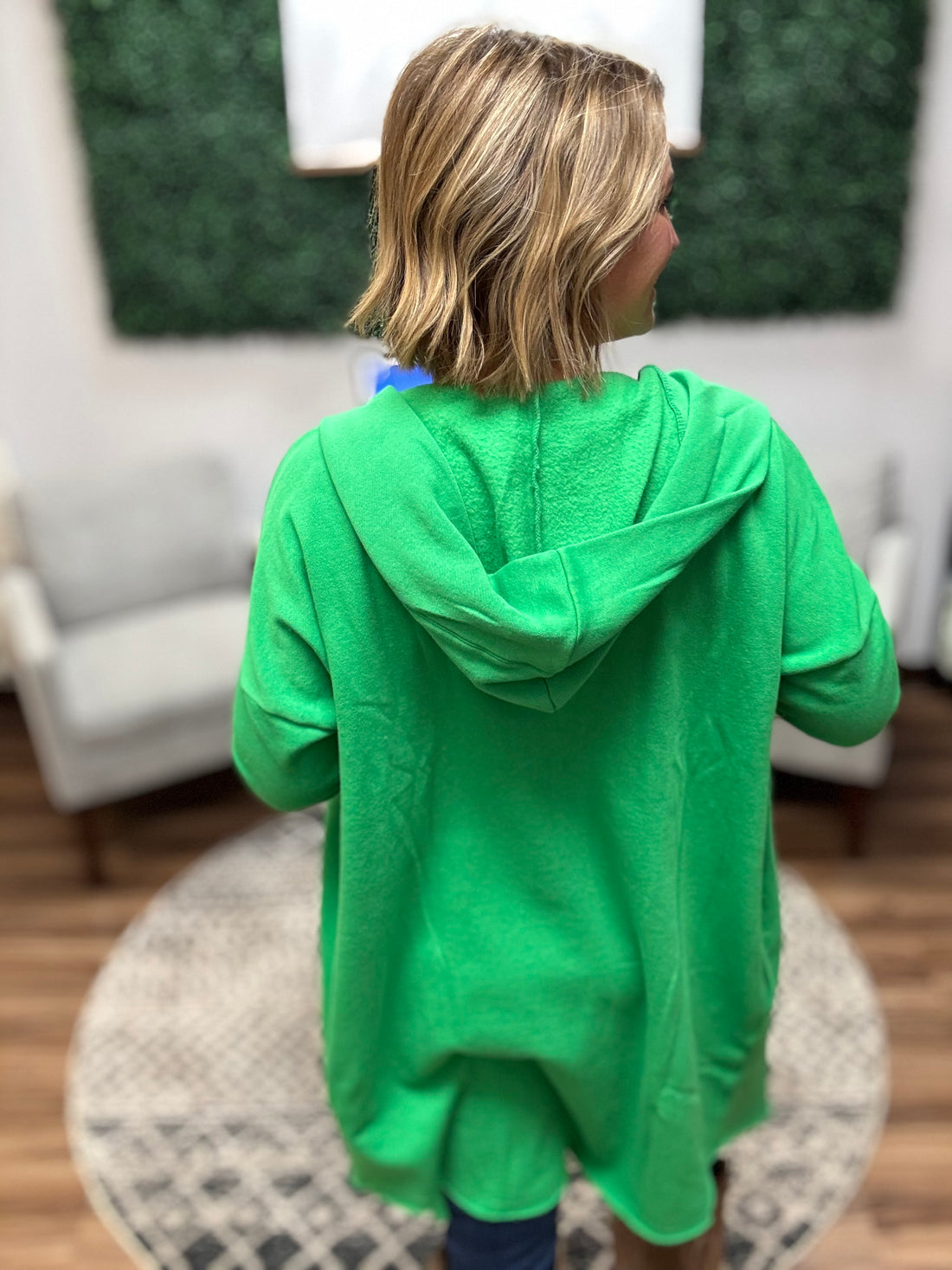 Open Front Longline Cardigan with Hoodie - Green Pop