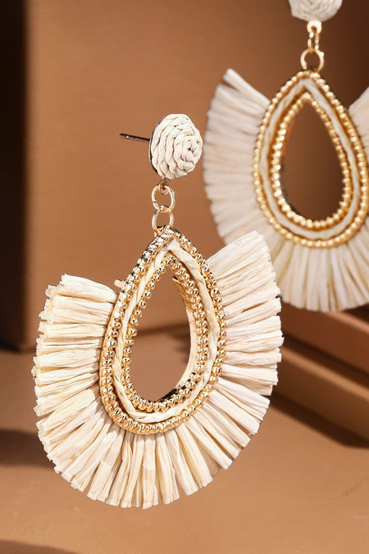 Teardrop Shaped Raffia Straw Earrings