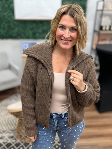 High Neck Full Zip Sweater - Brown