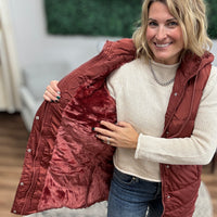 Long Puffer Vest with Hood - Terracota