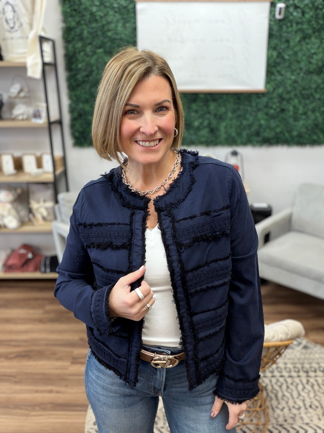 Liverpool - Collarless Jacket with Fray and Lace - Navy