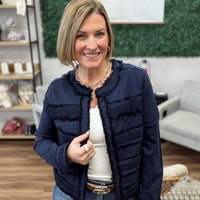 Liverpool - Collarless Jacket with Fray and Lace - Navy