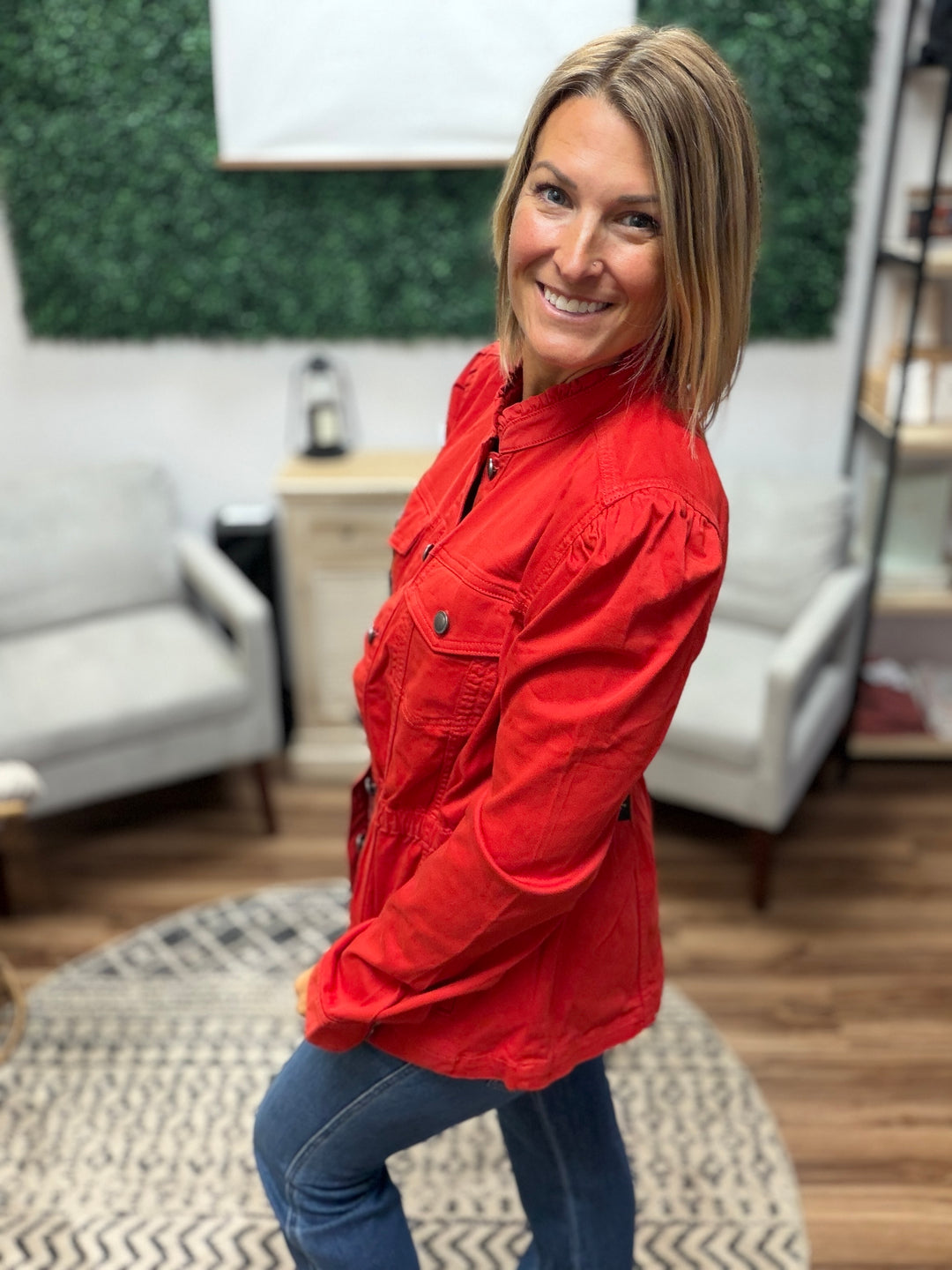 Liverpool - Puff Sleeve Trucker Jacket W/ Ruffle Collar