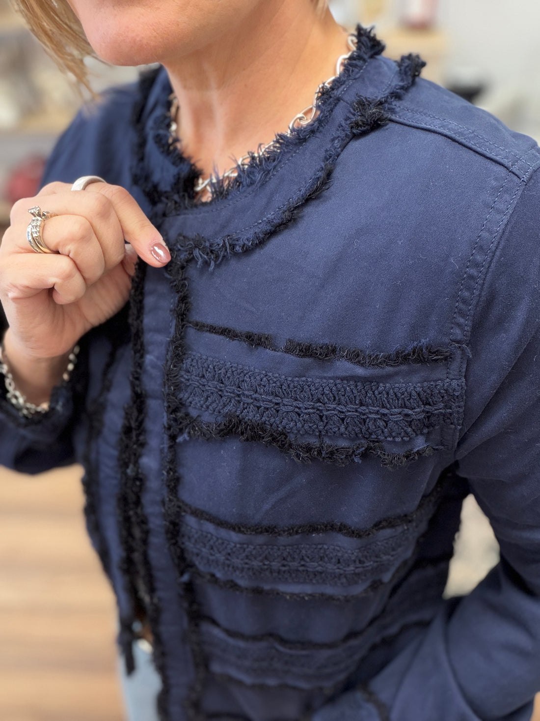 Liverpool - Collarless Jacket with Fray and Lace - Navy