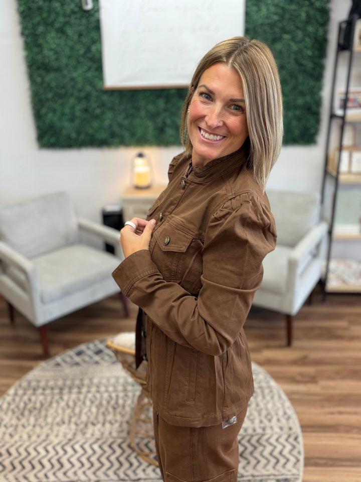 Liverpool - Puff Sleeve Trucker Jacket w/ Ruffle Collar - Carob Brown