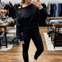 Fleece Off Shoulder Pullover - Black