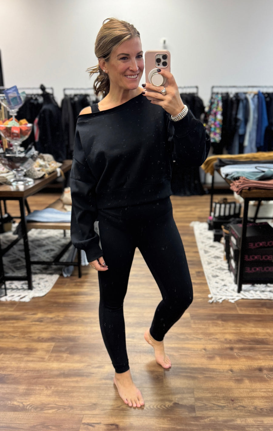 Fleece Off Shoulder Pullover - Black