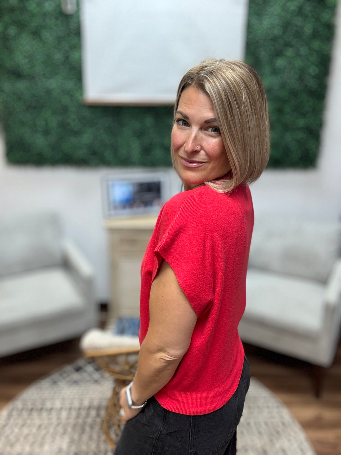 Round Neck Short Sleeve Dolman - Red