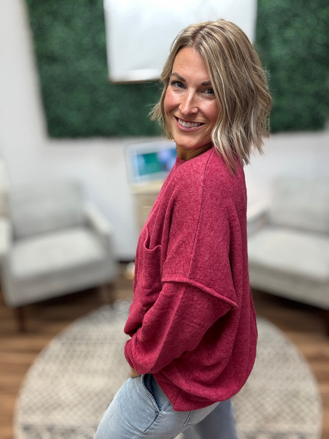 Brushed Melange Drop Shoulder Oversized Top - Cabernet