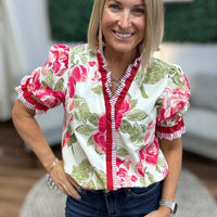 Floral Printed Woven Contrast Edge Ruffled Blouse