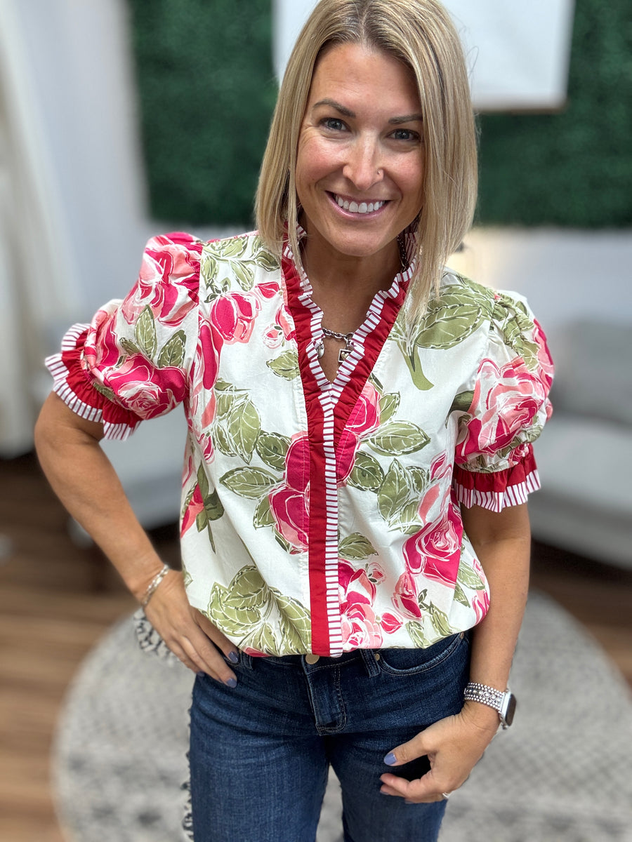 Floral Printed Woven Contrast Edge Ruffled Blouse