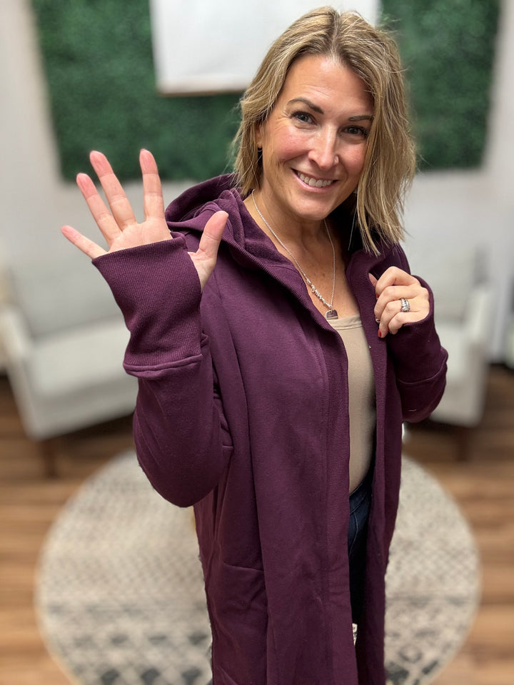 Open Front Longline Cardigan with Hoodie - Plum