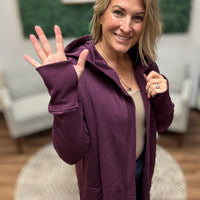 Open Front Longline Cardigan with Hoodie - Plum