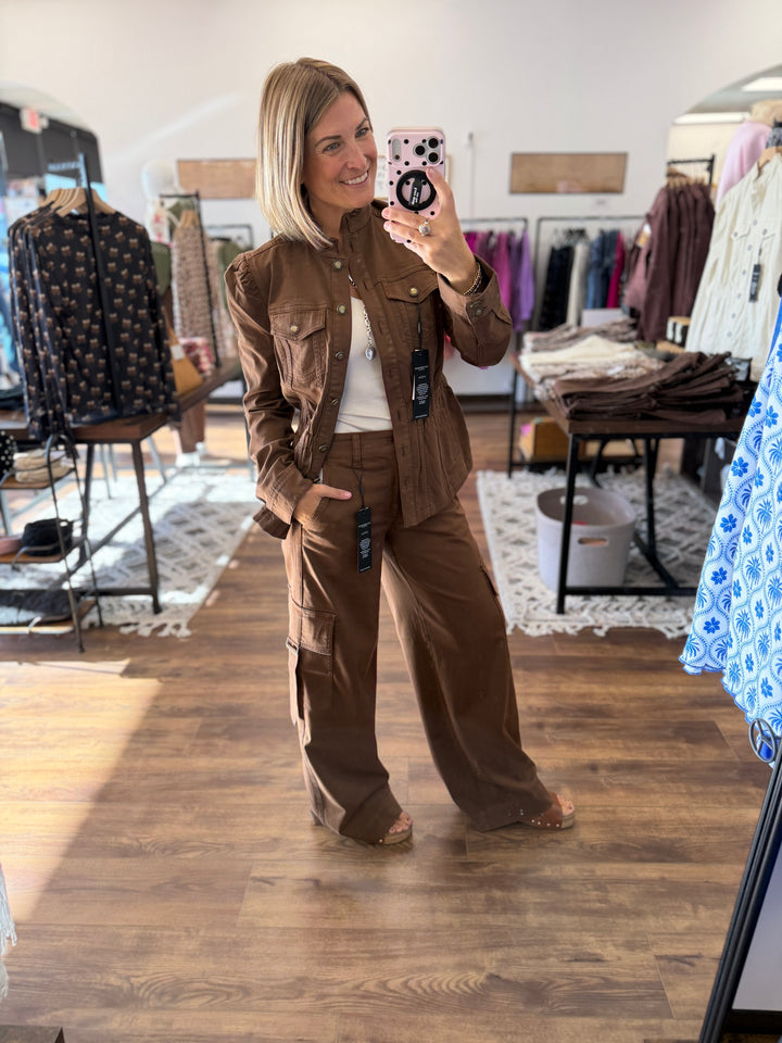 Liverpool - Puff Sleeve Trucker Jacket w/ Ruffle Collar - Carob Brown