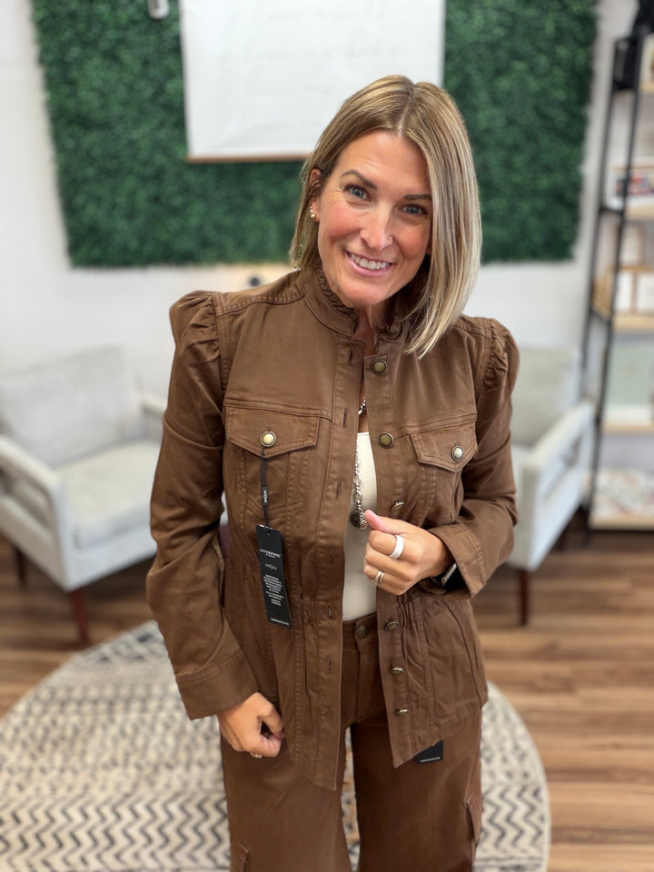 Liverpool - Puff Sleeve Trucker Jacket w/ Ruffle Collar - Carob Brown