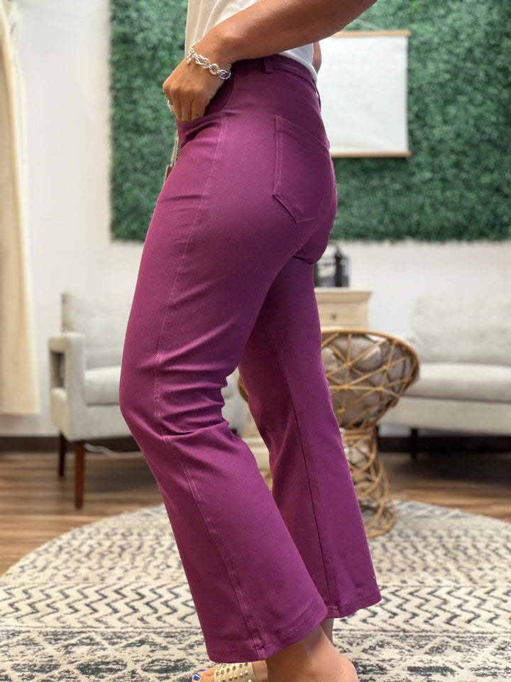 Solid Cropped Work Pants - Plum