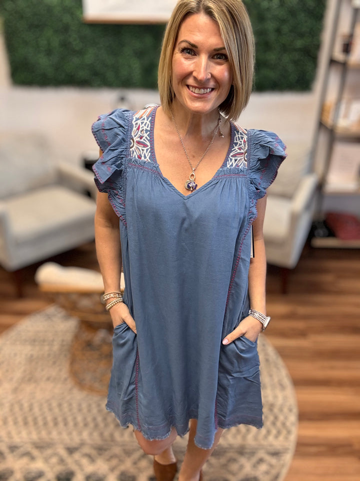 Liverpool - Flutter Sleeve V-Neck Woven Dress