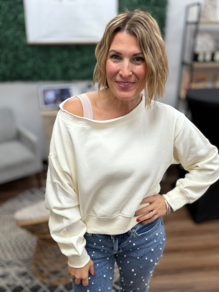 Fleece Off-Shoulder Pullover - Cream