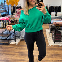 Fleece Off Shoulder Pullover - Kelly Green