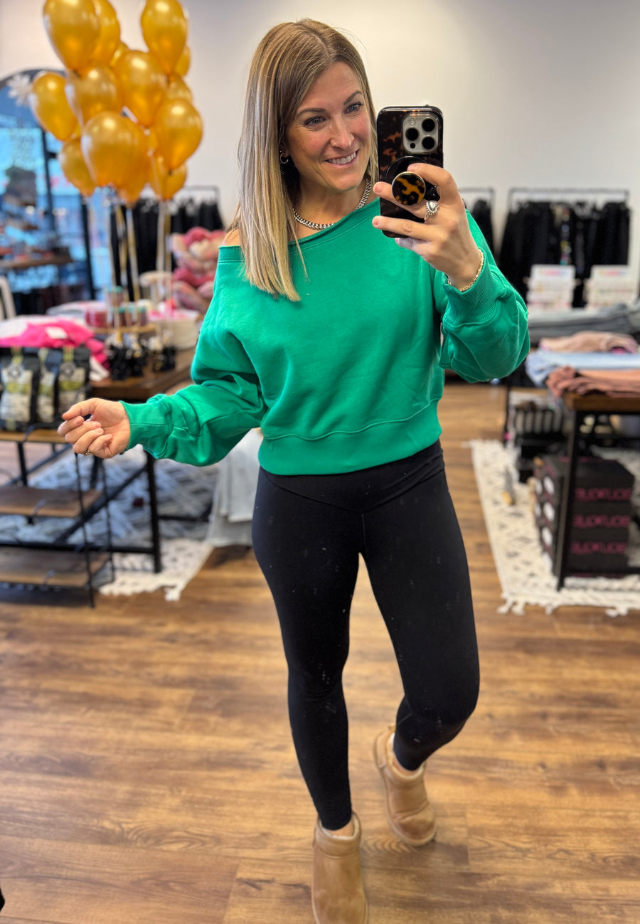 Fleece Off Shoulder Pullover - Kelly Green