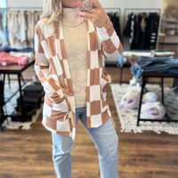 Lola Waffle Knit Cardigan with thumbholes - Tan and White Checkered