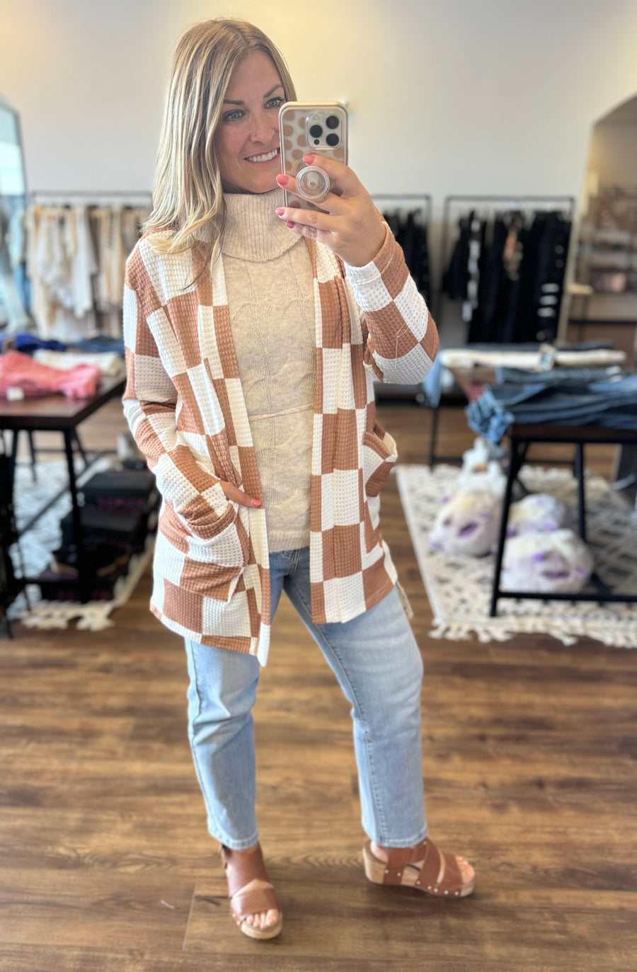 Lola Waffle Knit Cardigan with thumbholes - Tan and White Checkered