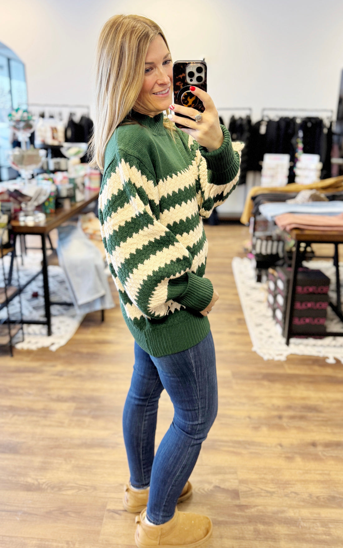 Striped Sweater with Balloon Sleeves - Green