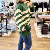 Striped Sweater with Balloon Sleeves - Green