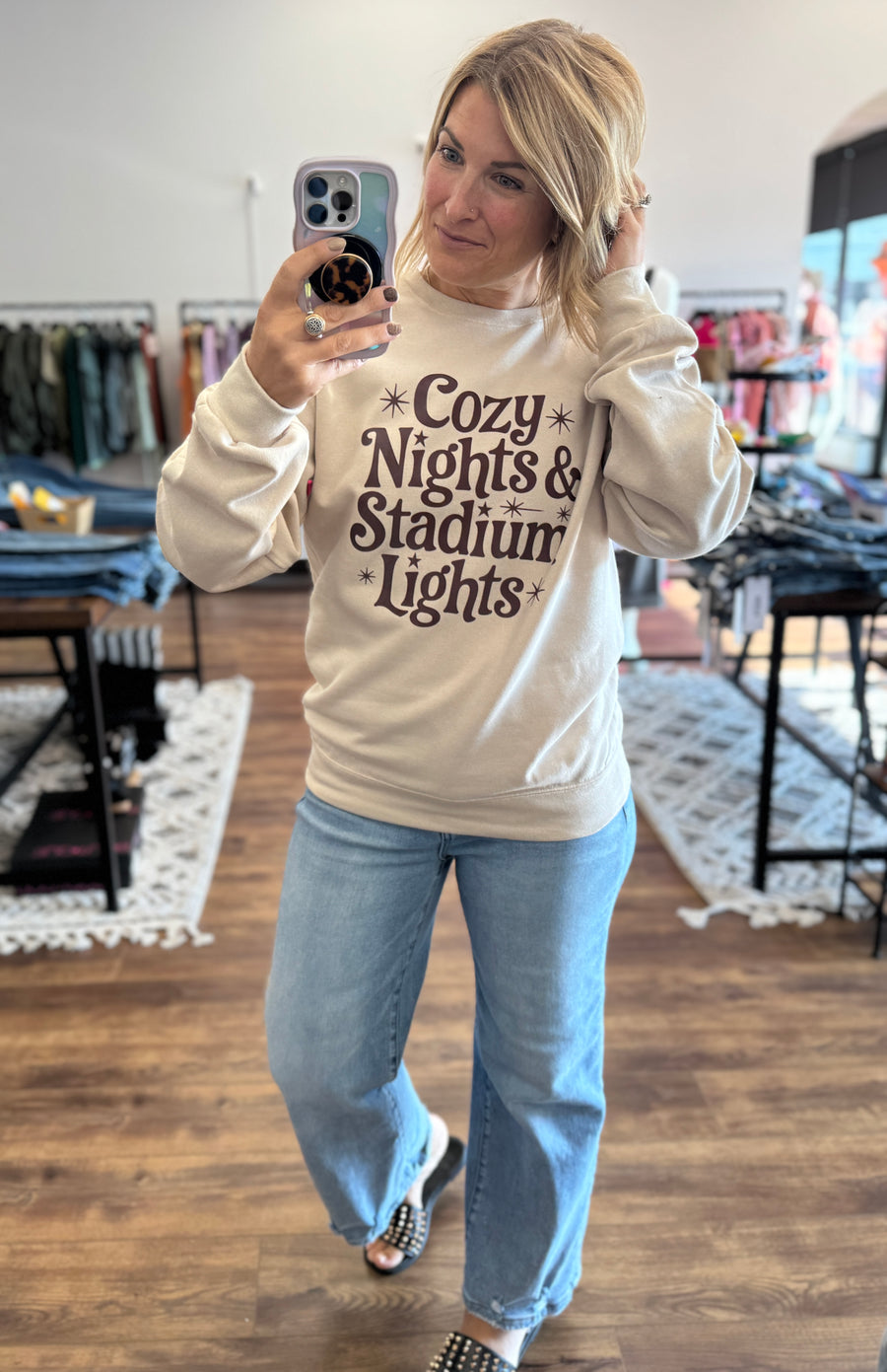 Cozy Nights And Stadium Lights Graphic Sweatshirt