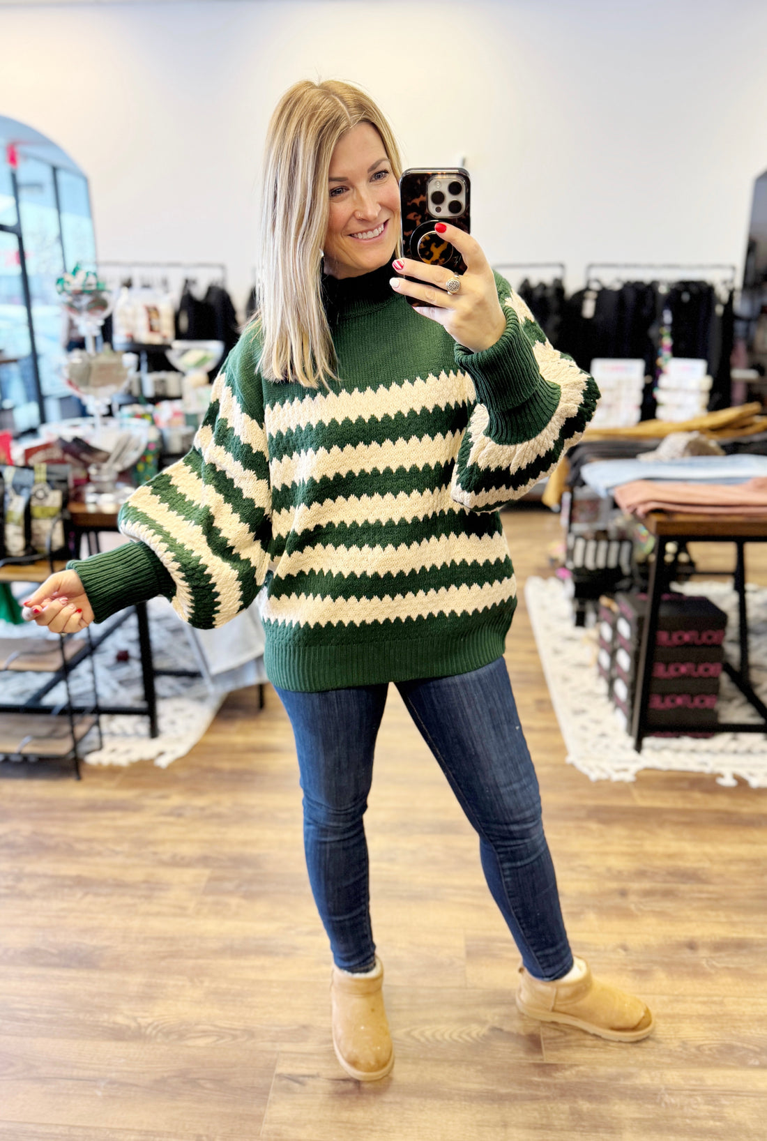 Striped Sweater with Balloon Sleeves - Green