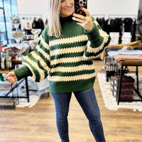 Striped Sweater with Balloon Sleeves - Green