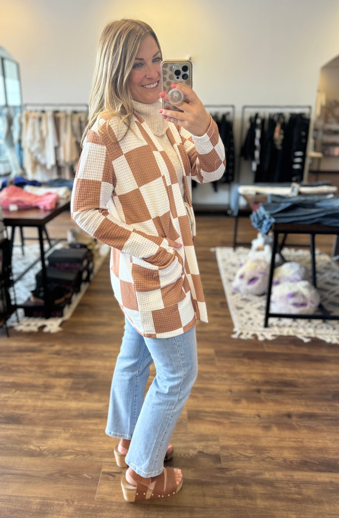 Lola Waffle Knit Cardigan with thumbholes - Tan and White Checkered