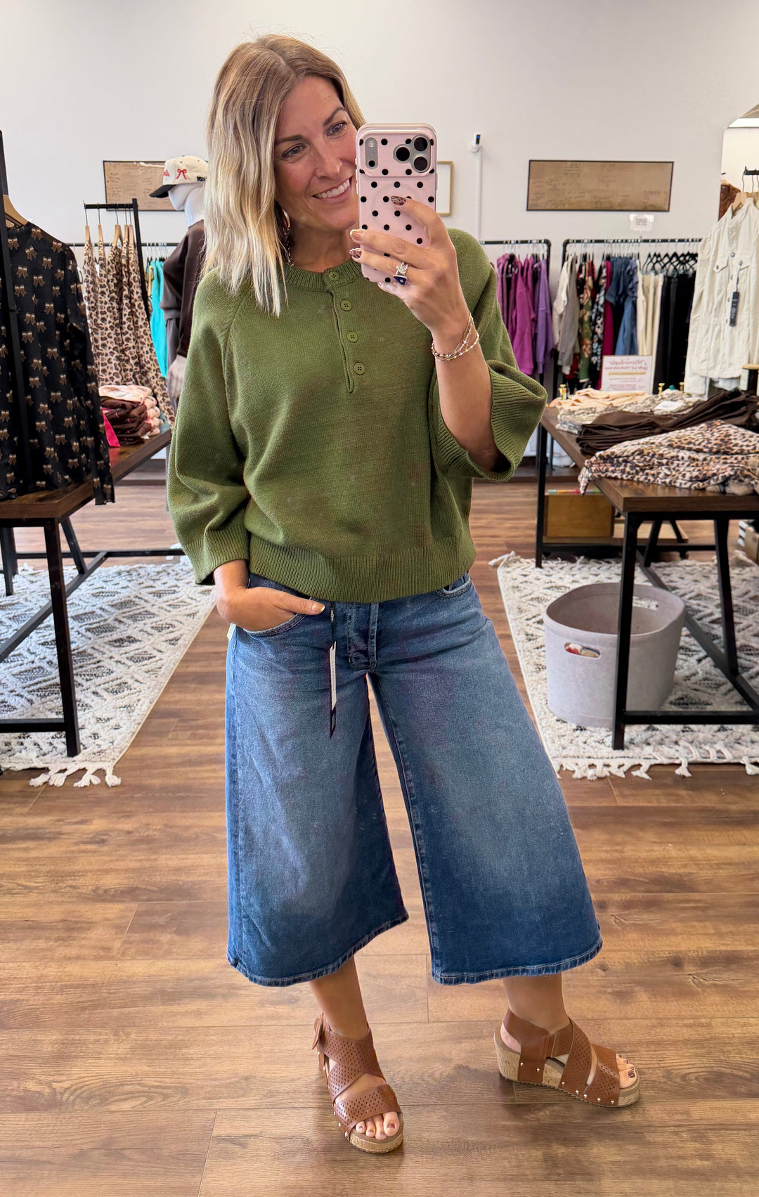 Buttoned Up Short Sleeve Sweater - Olive