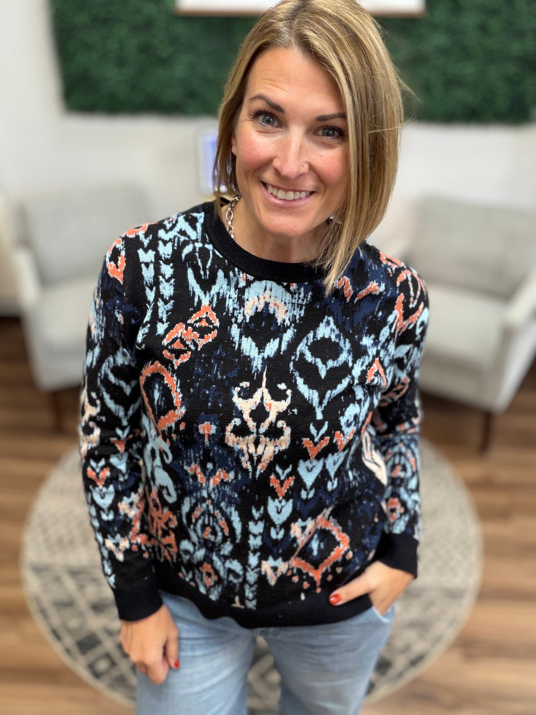 Liverpool: Long Sleeve Drop Shoulder Jacquard Sweater