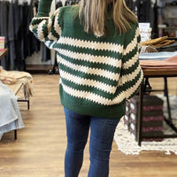 Striped Sweater with Balloon Sleeves - Green