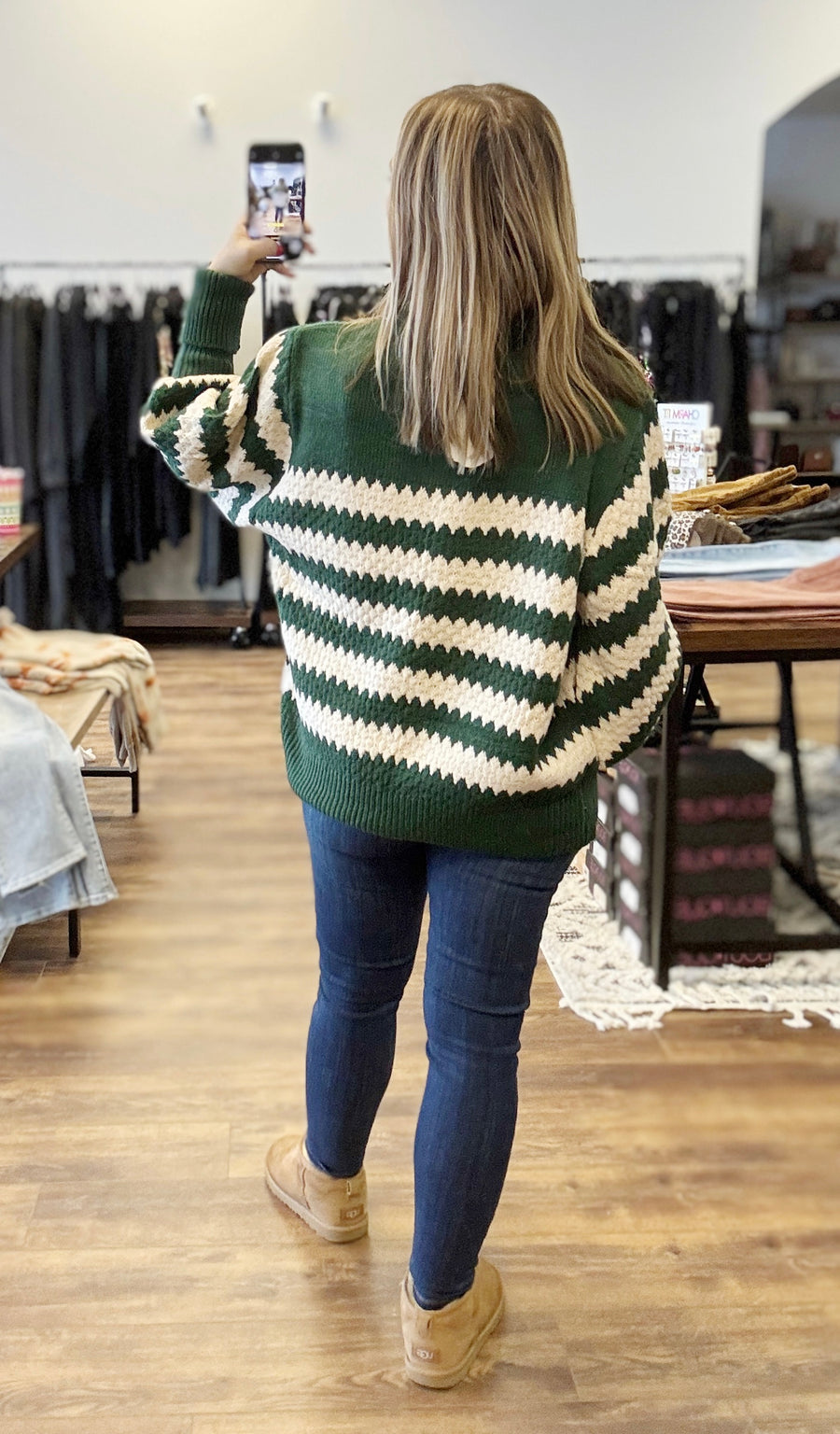 Striped Sweater with Balloon Sleeves - Green