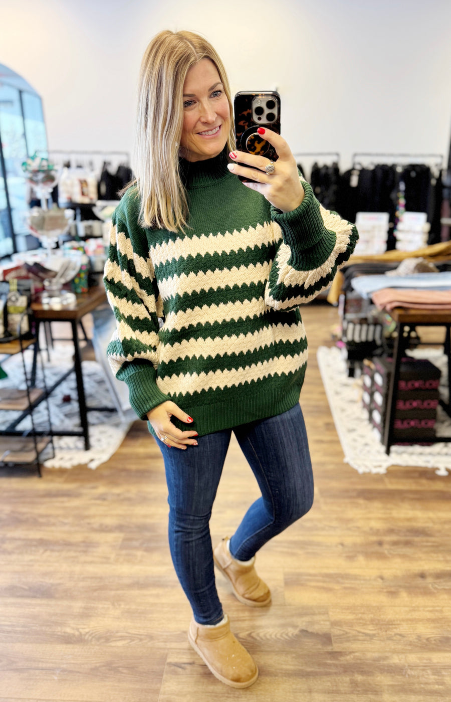 Striped Sweater with Balloon Sleeves - Green