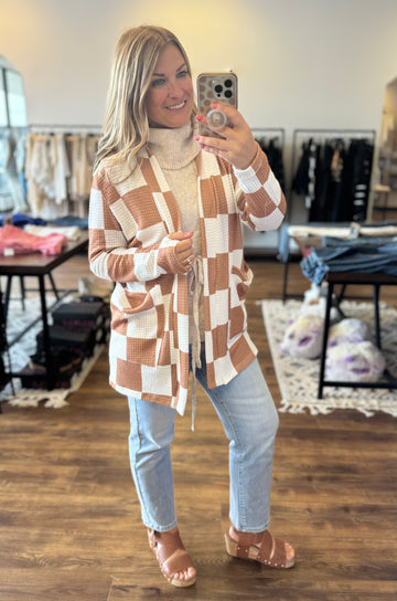 Lola Waffle Knit Cardigan with thumbholes - Tan and White Checkered