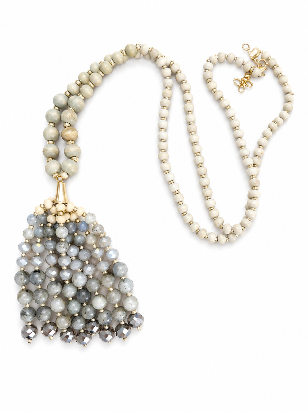 Wooden Bead Statement Necklace with Beaded Tassle