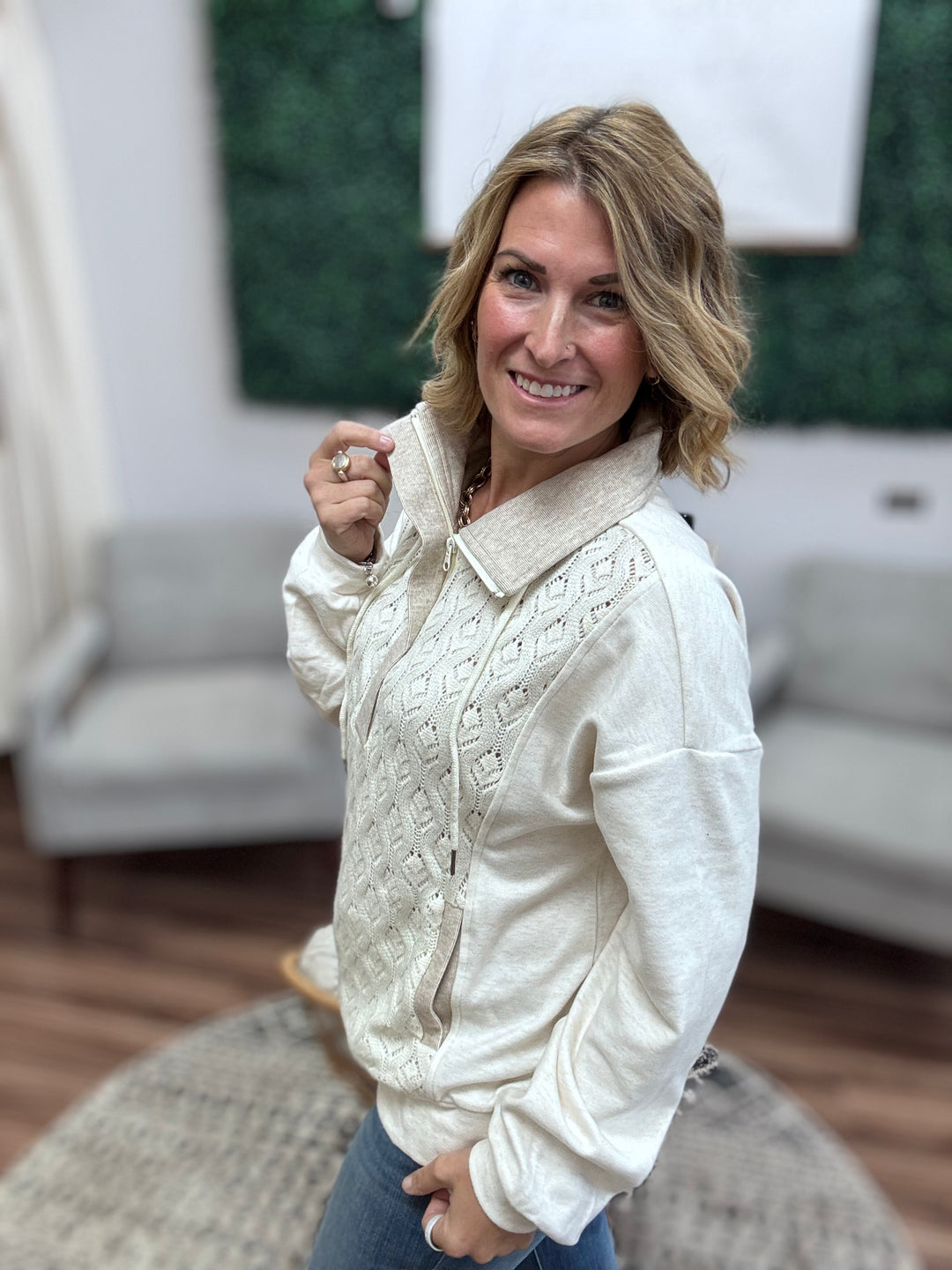 Crochet Mixed Fleece Quarter Zip Up Pullover